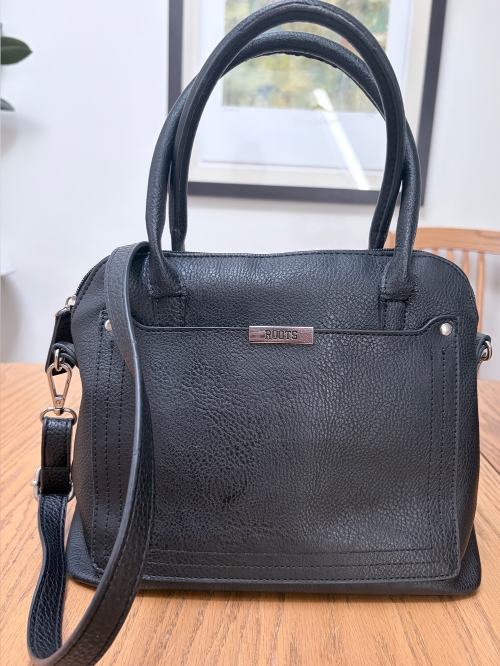 Roots Black Textured Shoulder Bag with Removable Crossbody Strap